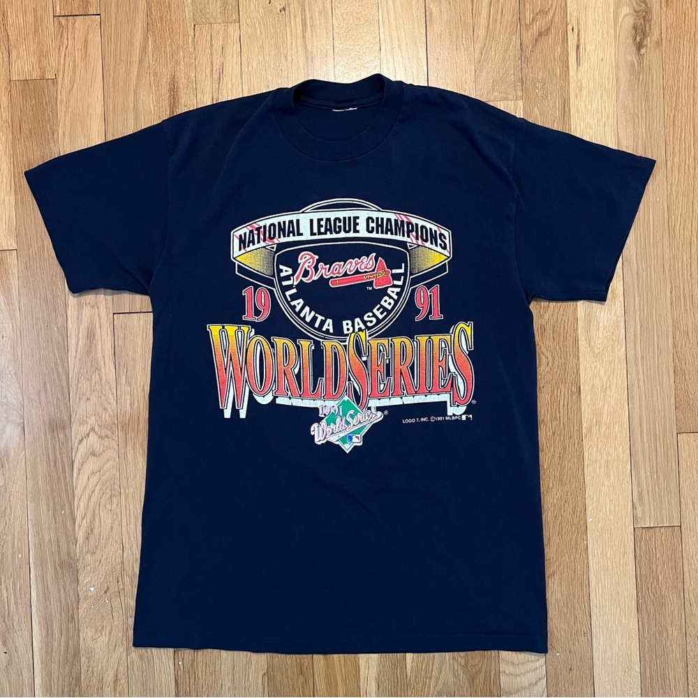Vintage Atlanta Braves 1991 World Series Logo 7 T Shirt Large Navy